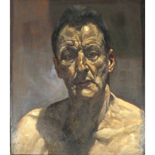 912 - Head and shoulders portrait of Lucian Freud, French school oil on board, bearing an inscription vers... 