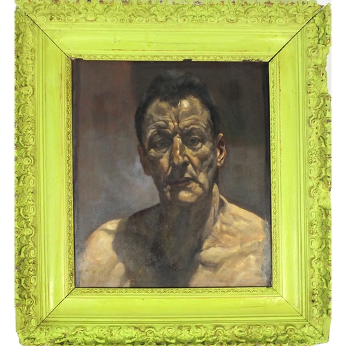 912 - Head and shoulders portrait of Lucian Freud, French school oil on board, bearing an inscription vers... 