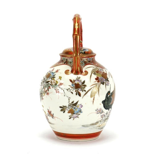 349 - Japanese Kutani porcelain teapot with simulated bamboo handle, hand painted with two peacocks amongs... 