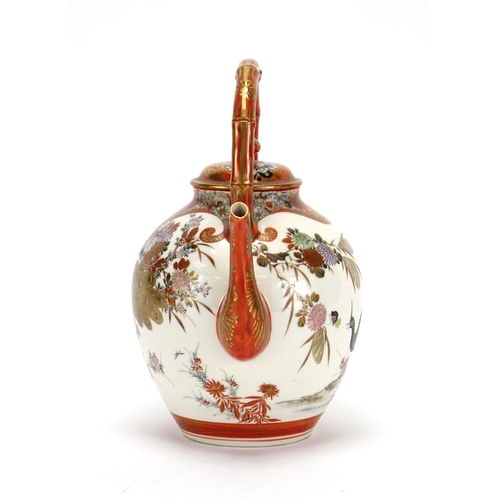 349 - Japanese Kutani porcelain teapot with simulated bamboo handle, hand painted with two peacocks amongs... 