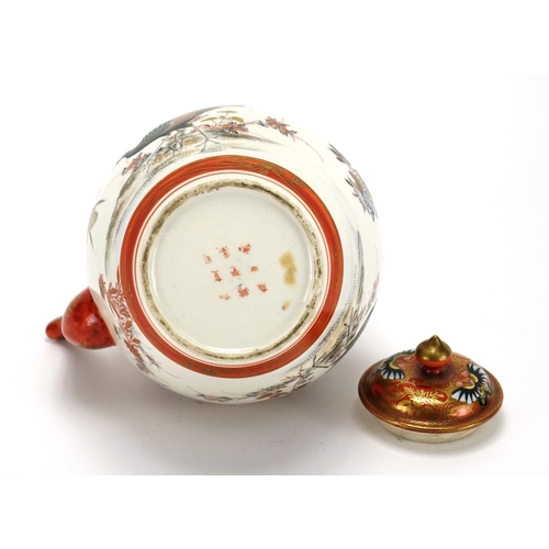 349 - Japanese Kutani porcelain teapot with simulated bamboo handle, hand painted with two peacocks amongs... 