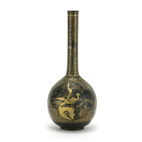 361 - Japanese lacquered bronze vase, hand painted with panels of birds of paradise amongst foliage, five ... 