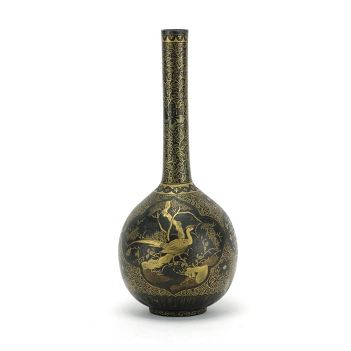 361 - Japanese lacquered bronze vase, hand painted with panels of birds of paradise amongst foliage, five ... 