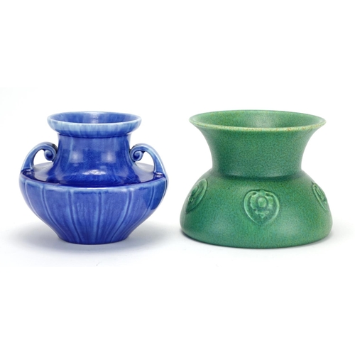 536 - Two Royal Lancastrian Pilkington vases one with a green glaze, the other having twin handles, impres... 