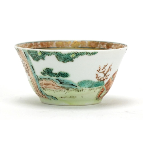 290 - Chinese porcelain tea cup, hand painted in the famille rose palette with figures in a landscape, 7.5... 