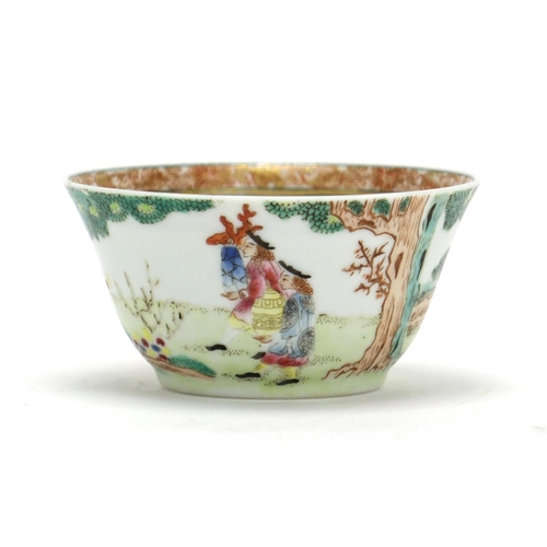 290 - Chinese porcelain tea cup, hand painted in the famille rose palette with figures in a landscape, 7.5... 