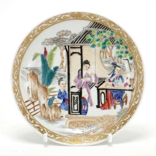 298 - Chinese porcelain shallow dish hand painted in the famille rose palette, with figures in a palace se... 