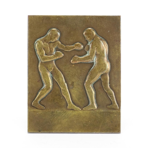 55 - Boxing interest bronze plaque with two boxers, impressed AM, 6cm x 5cm