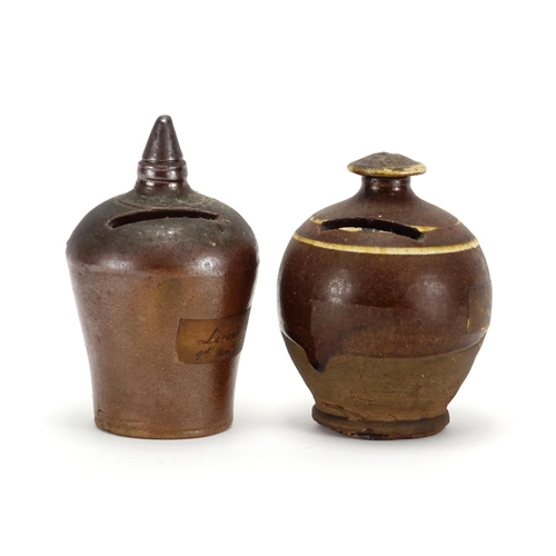509 - Two 19th century salt glazed pottery money boxes, the largest 13cm high