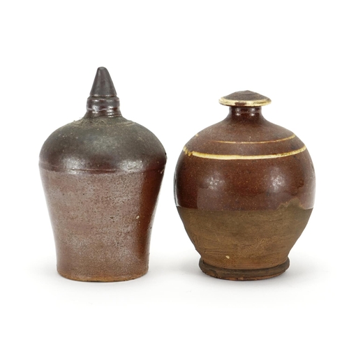 509 - Two 19th century salt glazed pottery money boxes, the largest 13cm high