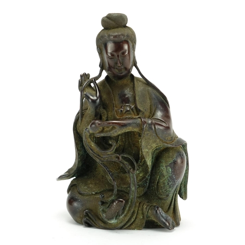 350 - Chinese patinated bronze figure of a Goddess with fish, six figure character marks to the reverse, 2... 