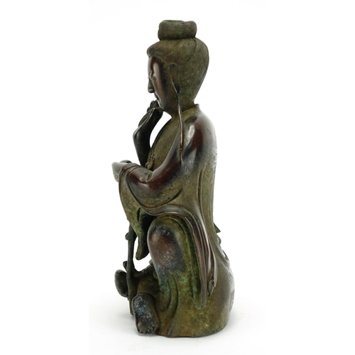 350 - Chinese patinated bronze figure of a Goddess with fish, six figure character marks to the reverse, 2... 