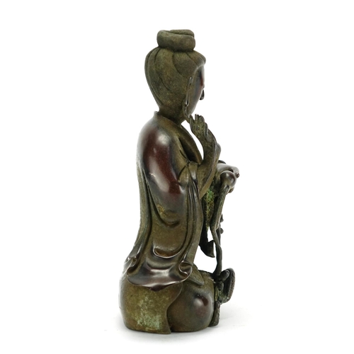 350 - Chinese patinated bronze figure of a Goddess with fish, six figure character marks to the reverse, 2... 