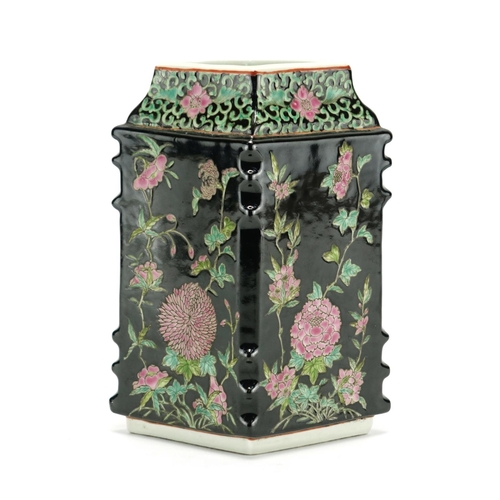 306 - Chinese porcelain diamond shaped vase, hand painted in the famille noire palette with flowers, six f... 