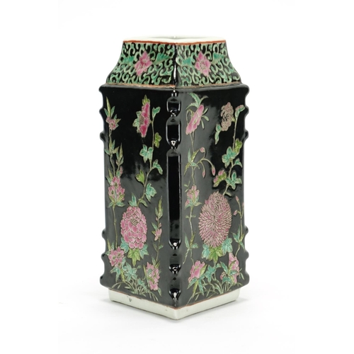 306 - Chinese porcelain diamond shaped vase, hand painted in the famille noire palette with flowers, six f... 