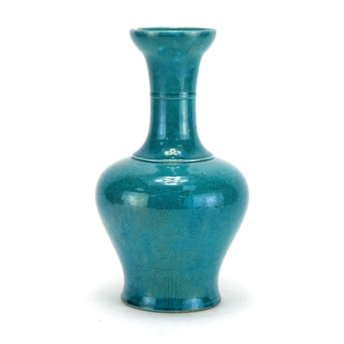 334 - Chinese turquoise glazed porcelain vase, incised with flowers and foliate scrolls, six figure charac... 