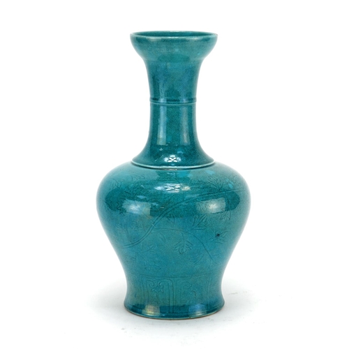 334 - Chinese turquoise glazed porcelain vase, incised with flowers and foliate scrolls, six figure charac... 