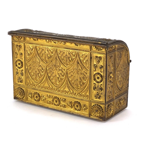 159 - Ornate brass letter rack possibly French, embossed with foliate motifs, 14cm H x 22cm W x 10cm D