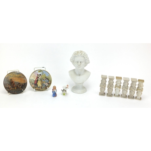 449 - 19th century and later ceramics including two Prattware pot lids and a Parian bust of Beethoven