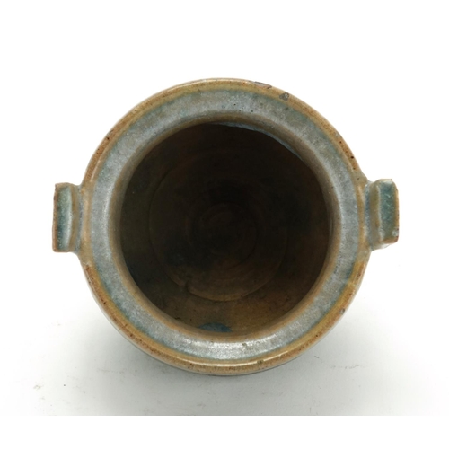 344 - Chinese pottery tripod censer with twin handles, having a turquoise and purple glaze, 12.5cm high