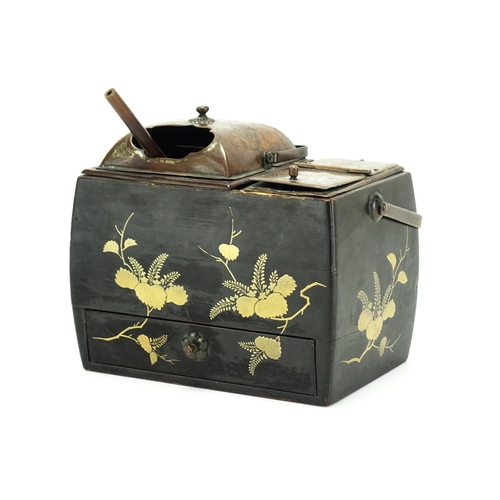 367 - 19th century Japanese black lacquer smoking set with bronze liners and base drawer, gilded with flow... 