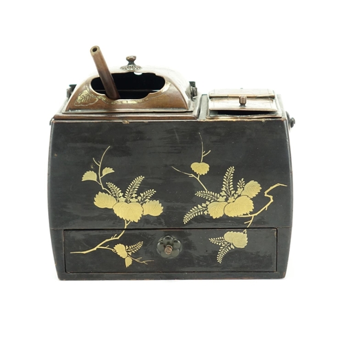 367 - 19th century Japanese black lacquer smoking set with bronze liners and base drawer, gilded with flow... 