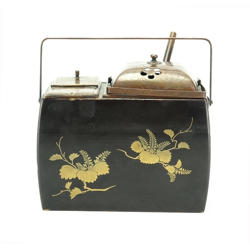 367 - 19th century Japanese black lacquer smoking set with bronze liners and base drawer, gilded with flow... 