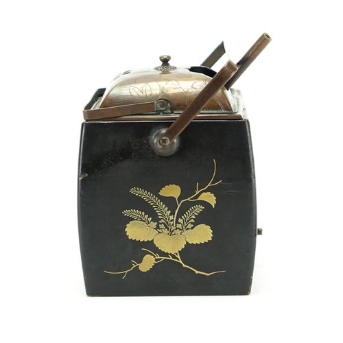 367 - 19th century Japanese black lacquer smoking set with bronze liners and base drawer, gilded with flow... 