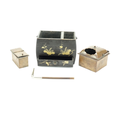 367 - 19th century Japanese black lacquer smoking set with bronze liners and base drawer, gilded with flow... 