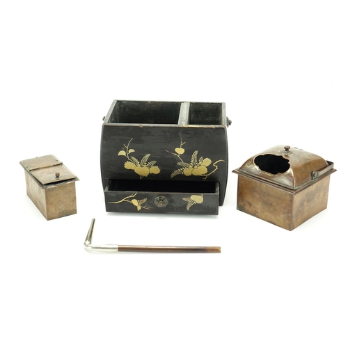 367 - 19th century Japanese black lacquer smoking set with bronze liners and base drawer, gilded with flow... 