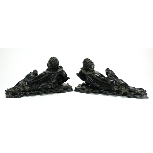 379 - Large pair of Chinese carved hardwood figures resting with mythical animals, each approximately 23cm... 