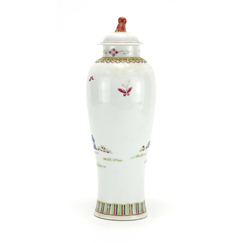 307 - Chinese porcelain baluster vase and cover, hand painted in the famille rose palette with two females... 