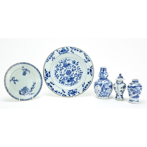 323 - Chinese blue and white porcelain including a double gourd prunus vase and plate hand painted with fl... 