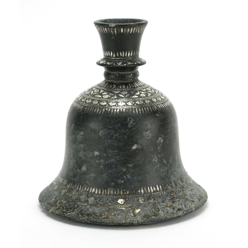 458 - Antique Indian Bidriware iron hookah base with silver foliate inlay, 15cm high