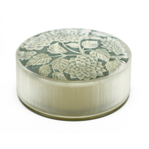 513 - Lalique Meudon frosted glass and bakelite powder pot, the base impressed Lalique, 8.5cm in diameter