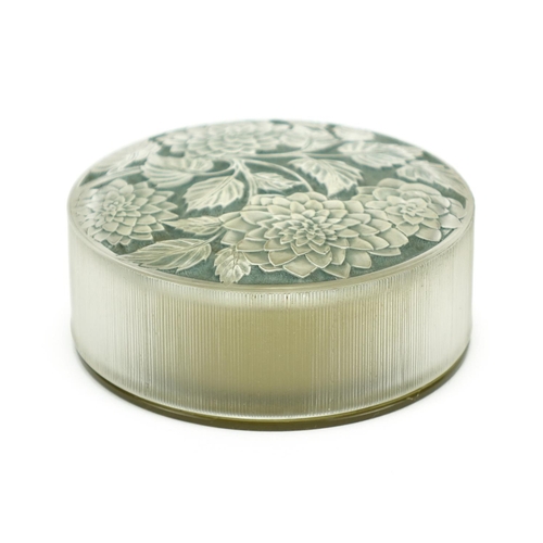 513 - Lalique Meudon frosted glass and bakelite powder pot, the base impressed Lalique, 8.5cm in diameter