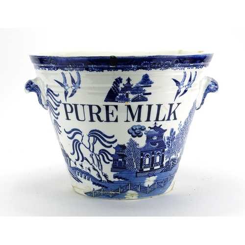 492 - Victorian Dairy Outfit Co pure milk pale with twin handles, transfer printed in the Willow pattern, ... 