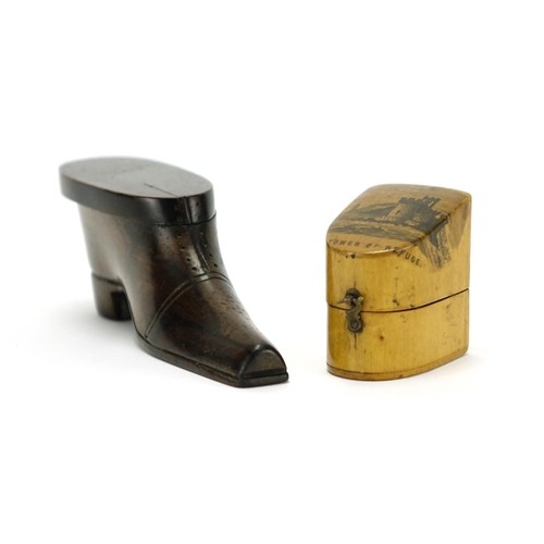 40 - 19th century rosewood shoe snuff box and a Mauchline Ware thimble case, decorated with The Tower of ... 