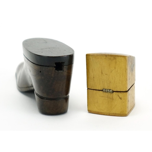 40 - 19th century rosewood shoe snuff box and a Mauchline Ware thimble case, decorated with The Tower of ... 