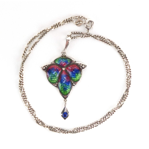 595 - Arts & Crafts silver and enamel pendant with drop on chain, Birmingham 1908, the pendant 5cm high, a... 