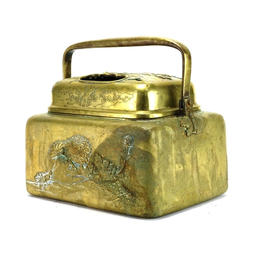 366 - Japanese bronze carrier with swing handle, cast with birds and insects amongst flowers, character ma... 