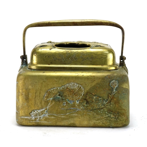 366 - Japanese bronze carrier with swing handle, cast with birds and insects amongst flowers, character ma... 