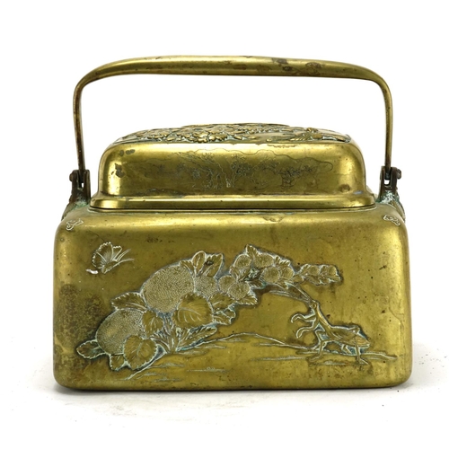 366 - Japanese bronze carrier with swing handle, cast with birds and insects amongst flowers, character ma... 