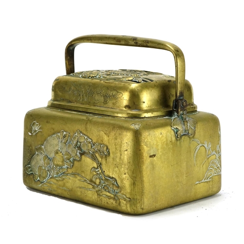 366 - Japanese bronze carrier with swing handle, cast with birds and insects amongst flowers, character ma... 