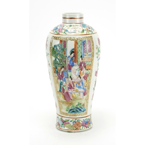 308 - Chinese porcelain Canton vase, finely hand panted with panels of figures within a palace setting, bi... 