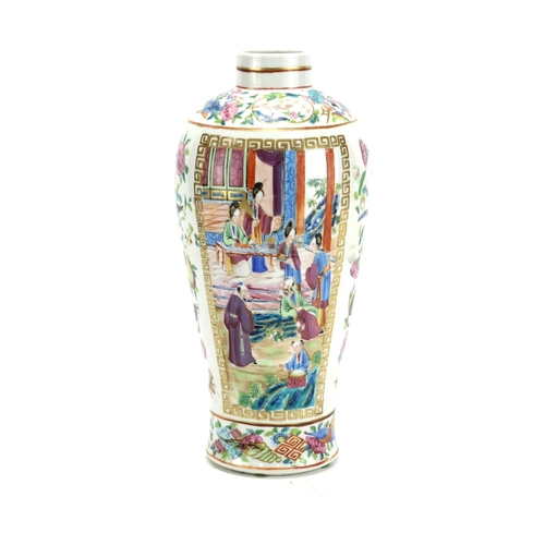 308 - Chinese porcelain Canton vase, finely hand panted with panels of figures within a palace setting, bi... 