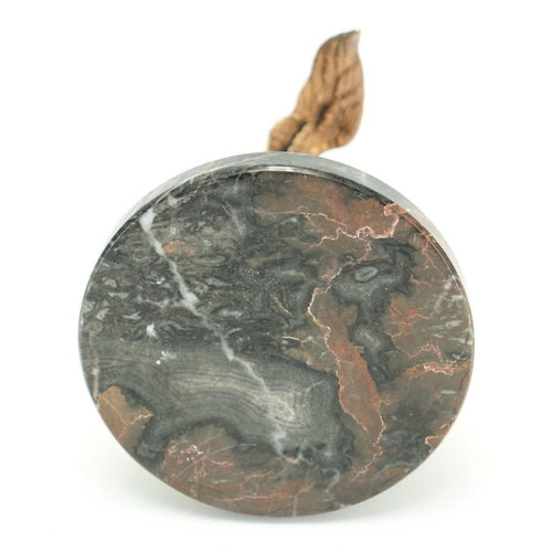 12 - Marble, onyx and copper bird design desk paperweight, 9cm high