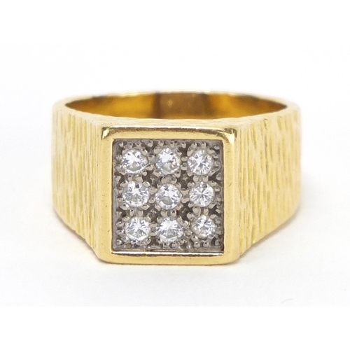704 - 18ct gold diamond square cluster ring, size O, approximate weight 9.8g