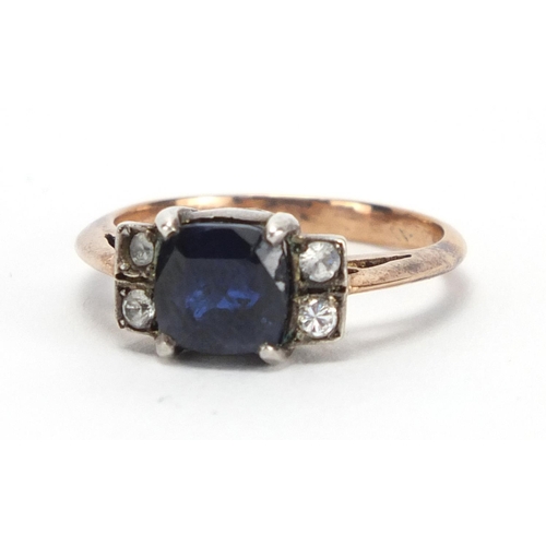 785 - Art Deco unmarked gold blue and white sapphire ring, size M, approximate weight 3.6g