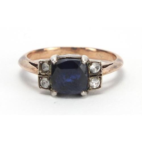 785 - Art Deco unmarked gold blue and white sapphire ring, size M, approximate weight 3.6g